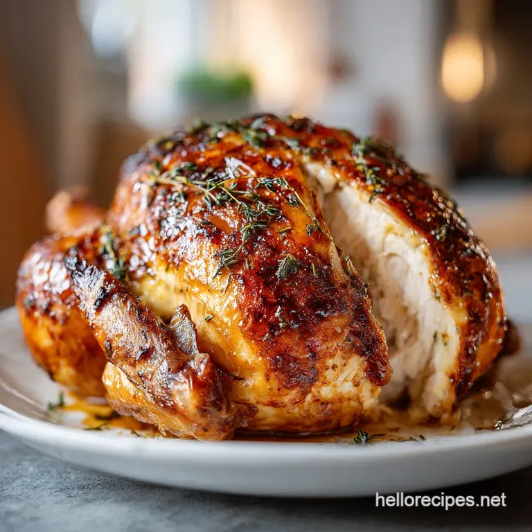 Carved golden breast nestled against caramelized root vegetables, lemon wedges and wilted herbs on a white porcelain plate