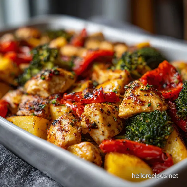 Plated sheet pan chicken showcasing juicy chicken, tender broccoli florets, and colorful bell peppers with vibrant, fresh ...