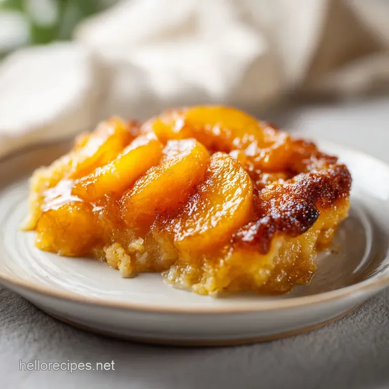 Warm slice of golden cobbler topped with a melting scoop of vanilla ice cream on a clean white porcelain plate.