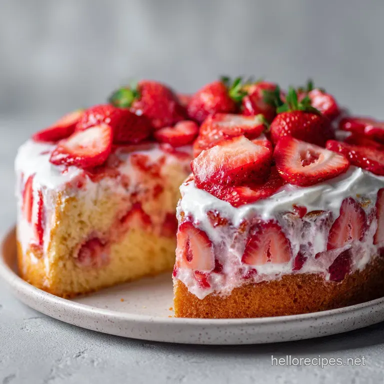 A slice of moist pink cake adorned with fresh strawberry halves and a dollop of whipped cream.