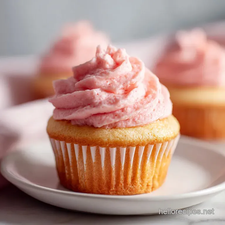 A single vanilla cupcake with a swirl of light pink strawberry frosting. Sprinkles add a festive touch. Delicious and temp...