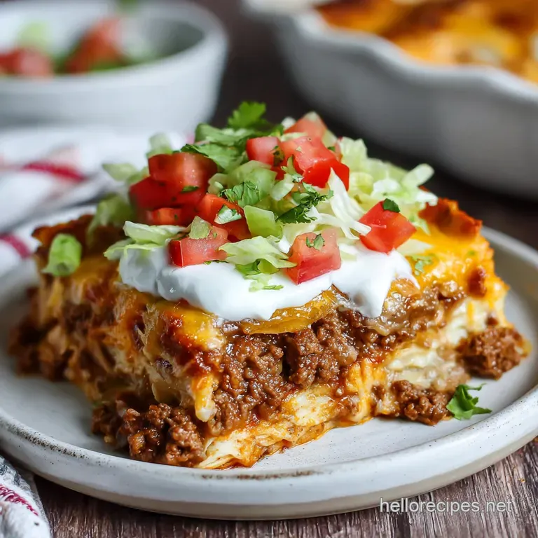Slice of taco casserole plated with sour cream and cilantro. Crispy edges and vibrant colors suggest a delicious Tex-Mex m...