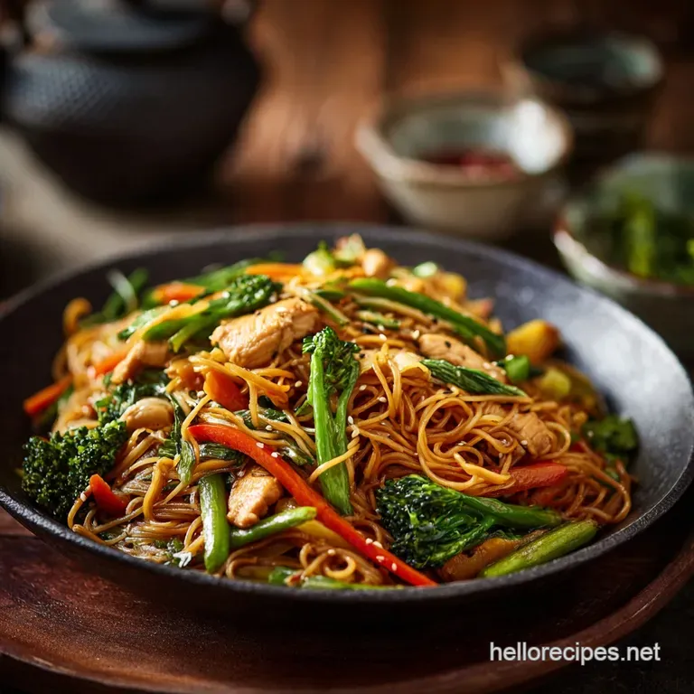 Mei Fun Noodles: Speedy Wok-Tossed Chicken Stir-Fry presentation