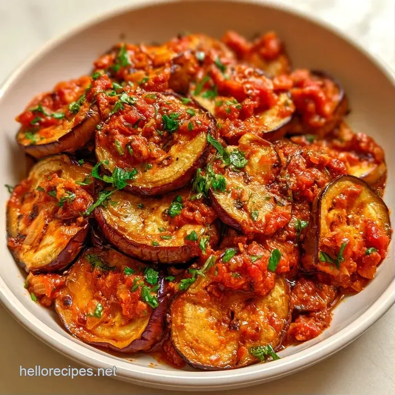 Rich red meat sauce with soft eggplant cubes topped with grated parmesan and a fresh green basil leaf on white porcelain.