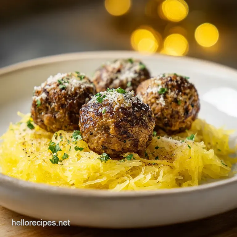 A swirl of golden spaghetti squash topped with savory eggplant meatballs and bright basil, drizzled with glistening tomato...