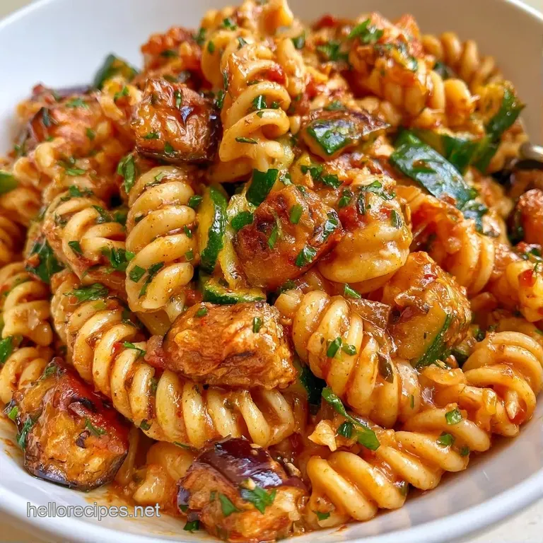 A wide ceramic platter of pasta mixed with roasted purple eggplant, white feta crumbles, and vibrant green parsley.