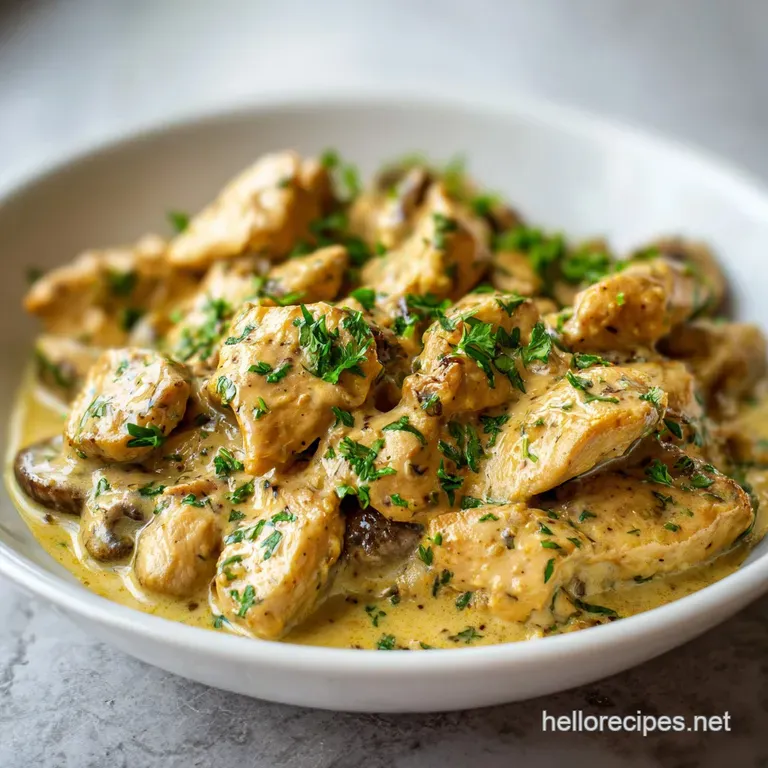 Elegant plate of creamy chicken stroganoff, garnished with fresh parsley, atop a bed of buttered egg noodles. Steaming hot!