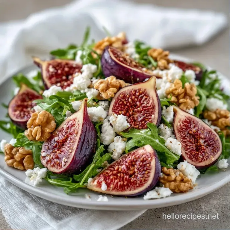 Sliced purple figs and creamy white cheese crumbles artfully arranged over crisp greens on a white ceramic plate.