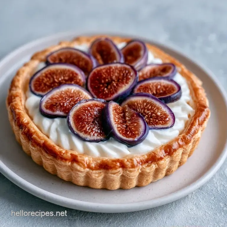 A slice of flaky pastry topped with glazed figs on a white ceramic plate, garnished with a fresh mint leaf.