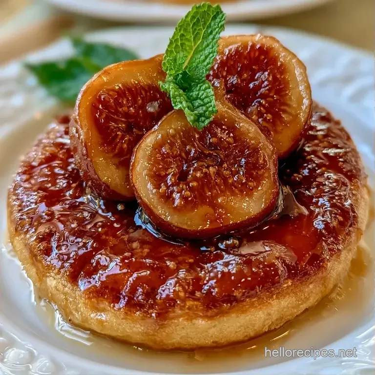 A slice of caramelized fruit tart on a white plate with a dollop of whipped cream and a sprig of fresh mint.
