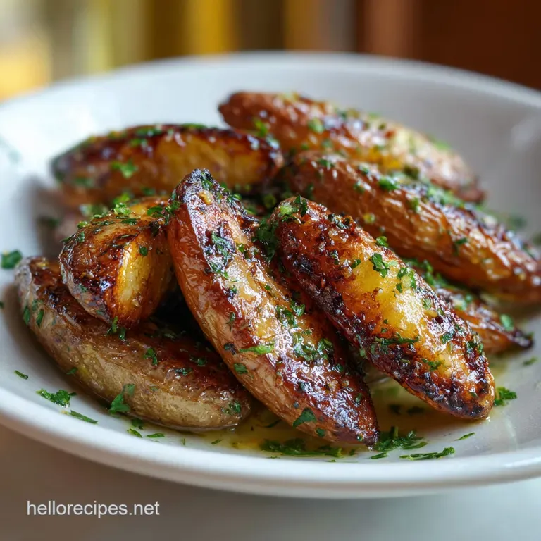 Glossy roasted fingerling potatoes artfully arranged on a white plate, dusted with herbs, a sprinkle of sea salt.