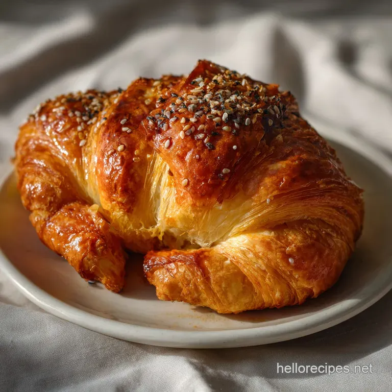 Elegant plate featuring a single, perfectly formed croissant, dusted with powdered sugar. Warm, inviting colors and a sens...