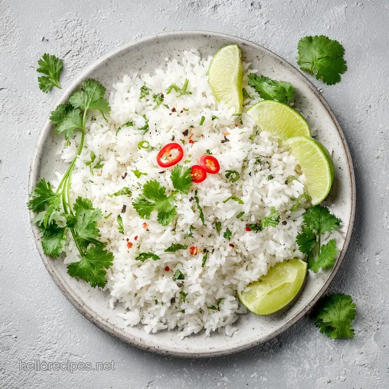 A mound of bright green rice artfully plated, garnished with a lime wedge and fresh cilantro sprigs, inviting and appetizing.