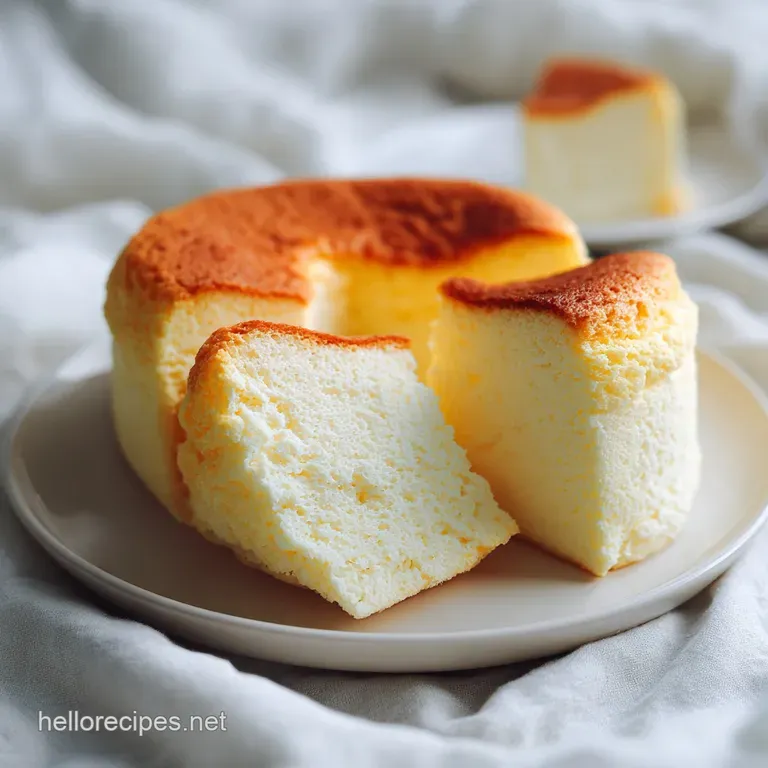 Slice of pale yellow cheesecake presented on a white plate, showing its airy, wobbly texture and gently browned crust.