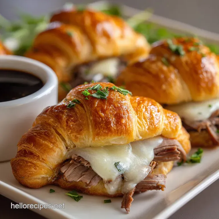 Crisp, golden crescents arranged on a plate, filling oozing slightly, alongside a small bowl of rich, dark au jus.