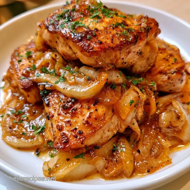 Elegant platter featuring seared chicken topped with molten cheese and amber onions, accented by fresh green herbs.