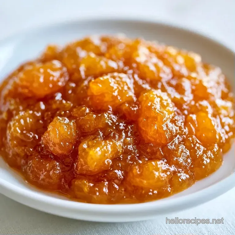Amber fruit preserve in a small white ceramic bowl with a silver spoon and crusty bread on a soft linen cloth.