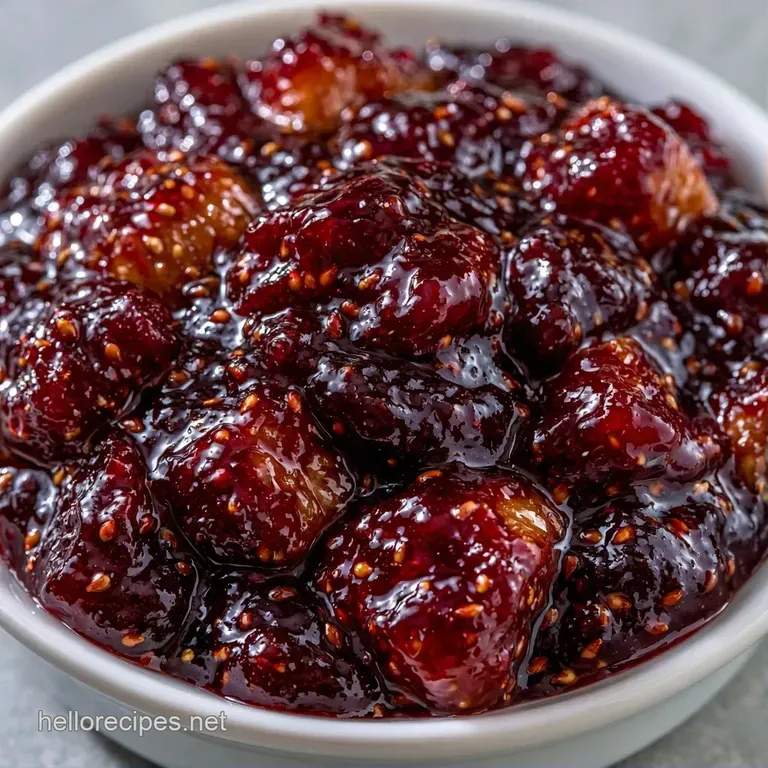 Glossy burgundy fruit spread elegantly swirled on a white ceramic plate beside a slice of creamy brie cheese.