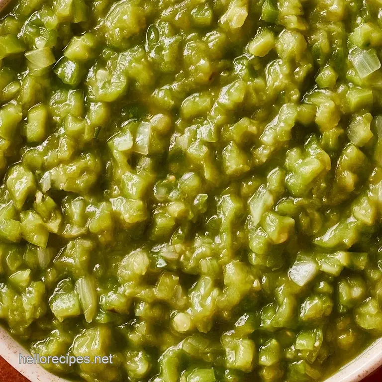 Small white ceramic bowl of zesty green relish paired with warm corn tortillas and grilled meats on a platter.