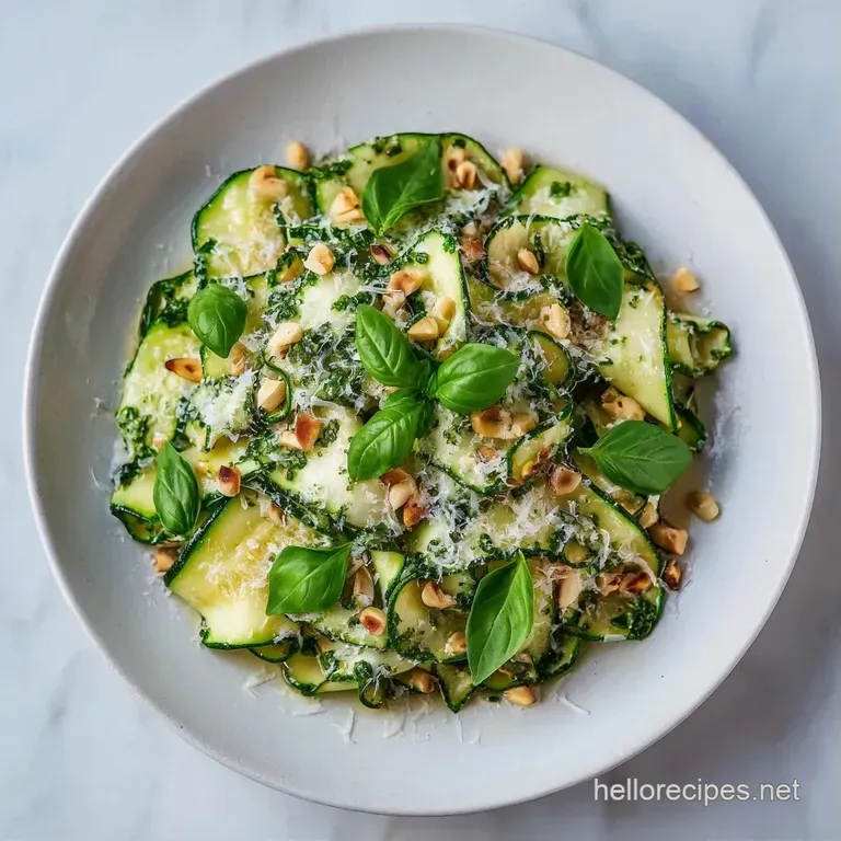 Thin ribbons of bright green zucchini twisted on a white plate, garnished with lemon slices and fresh herbs.