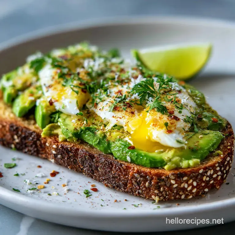 Elevated avocado toast. Crispy toast topped with vibrant green avocado, sunny-side up egg, and microgreens on a white plate.