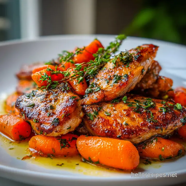 Perfectly plated chicken and carrots with vibrant green herbs. Glossy sauce adds an inviting sheen to a restaurant-worthy ...
