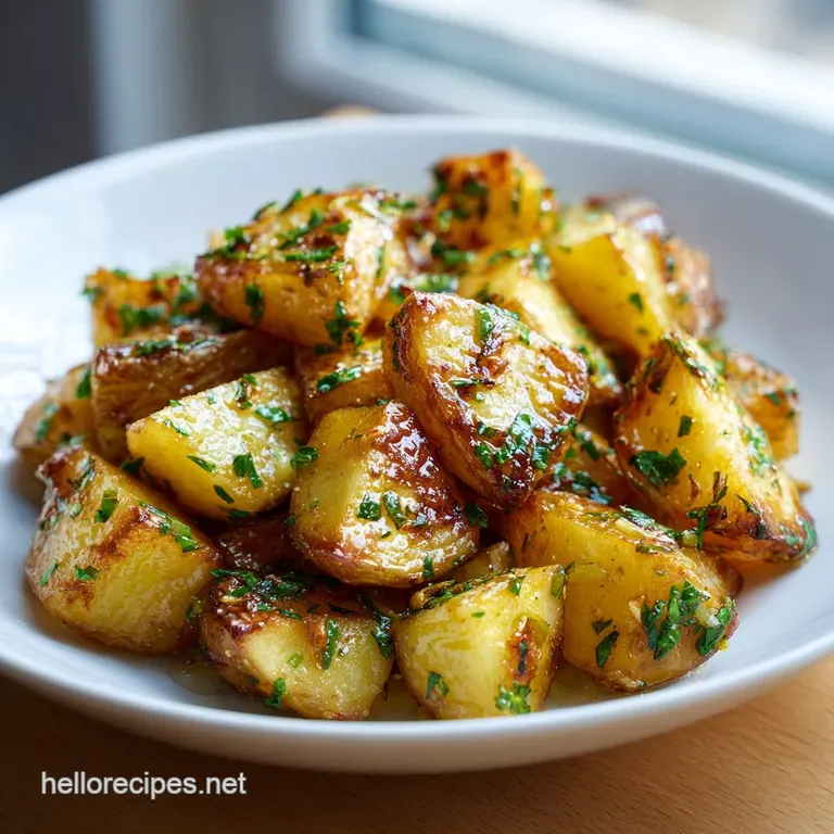 A rustic cast iron skillet overflowing with perfectly browned potatoes, sprinkled with fresh green herbs.