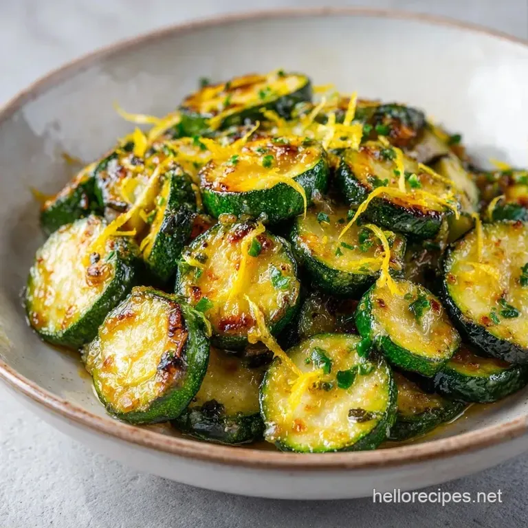 Vibrant green zucchini rounds elegantly plated with thin lemon slices and a sprinkle of fresh herbs on a white dish.