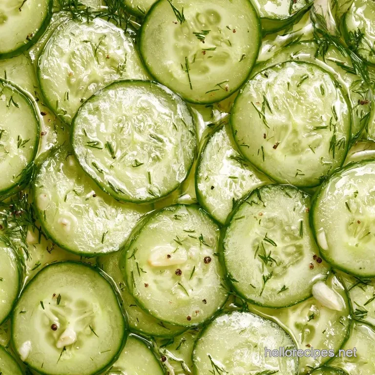 Neatly layered translucent cucumber slices on a white plate, garnished with a sprig of dill and peppercorns.