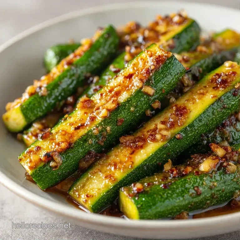 Neatly stacked roasted zucchini rounds on a white ceramic plate, garnished with bright green parsley and oil.