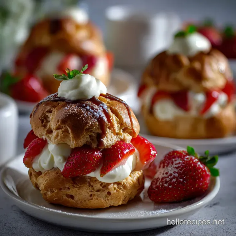 Delicate choux pastries filled with vanilla cream, elegantly stacked and drizzled with a glossy glaze, perfect dessert.