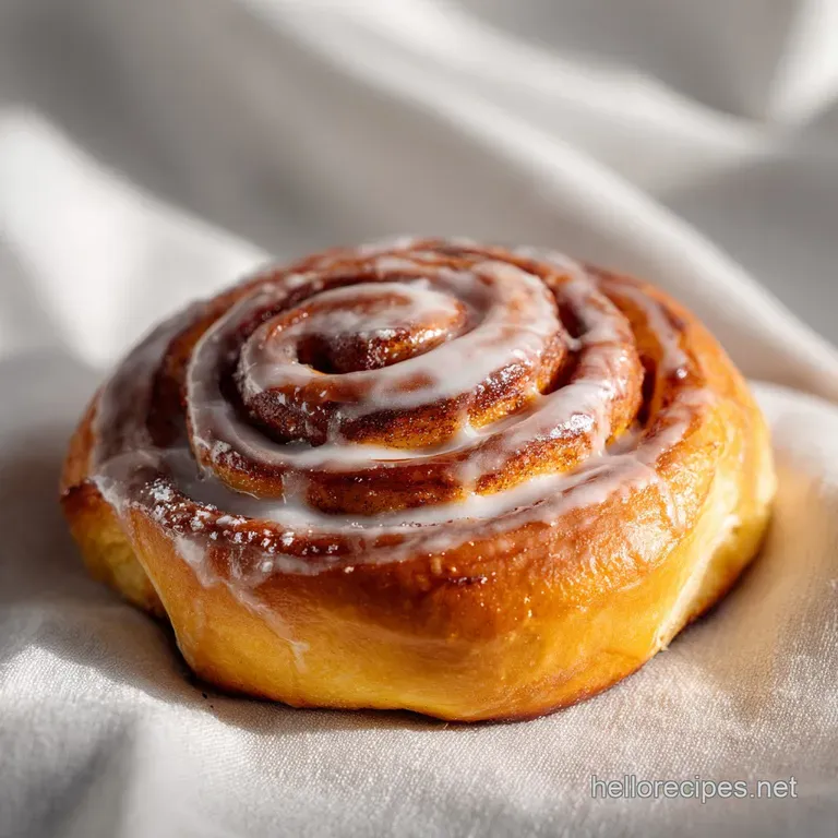 A wedge cut from the cinnamon roll reveals soft, layered dough, cinnamon filling oozing, presented on a white plate.