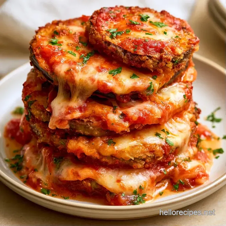 Slices of golden breaded eggplant layered with melted cheese on a white ceramic plate with a sprig of fresh basil.