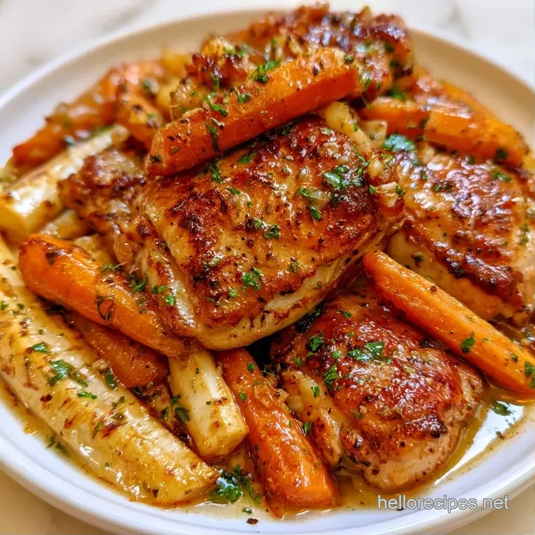 Sliced juicy chicken breast atop roasted root vegetables, garnished with fresh rosemary on a white ceramic plate.