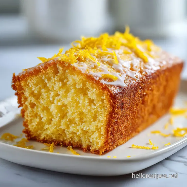 A thin slice of golden sponge cake drizzled with glossy white glaze, served with fresh berries and mint leaves.
