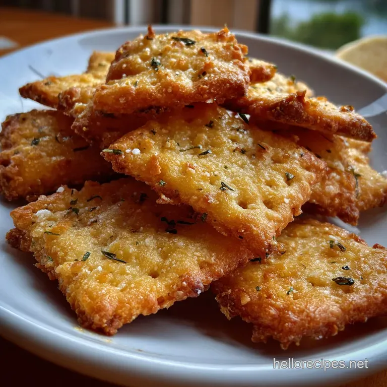 Delicate, golden crackers artfully arranged on a white plate, showcasing a light, crispy texture alongside fresh herbs.