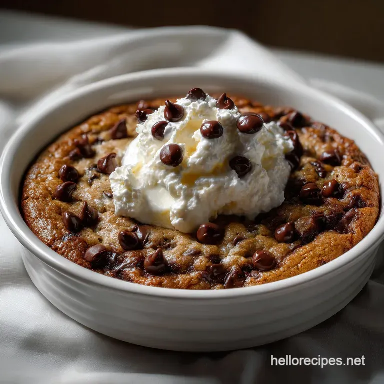 Individual pizookie served in a skillet, topped with a scoop of vanilla ice cream, dripping slightly, perfect dessert.
