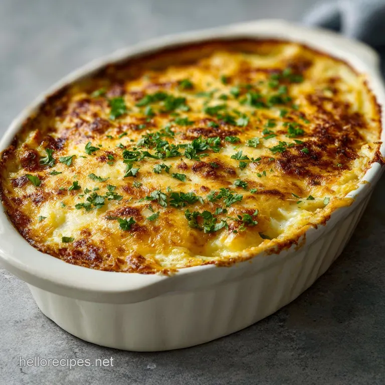 A golden-brown scoop of hash brown casserole, artfully plated with a sprinkle of chives.