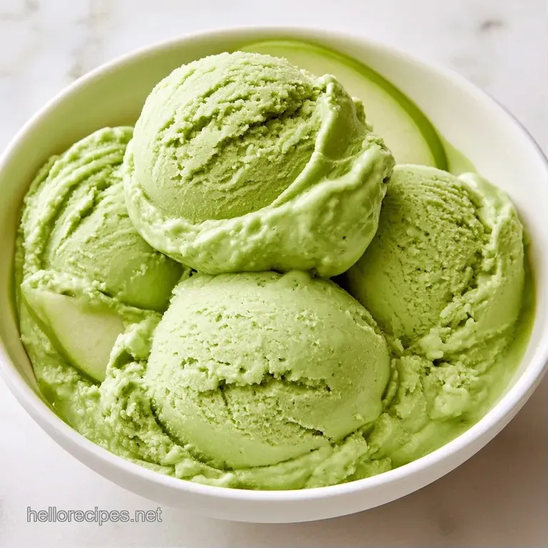 Soft green scoops of frozen cream on a white plate, paired with translucent apple slices and a drizzle of syrup.