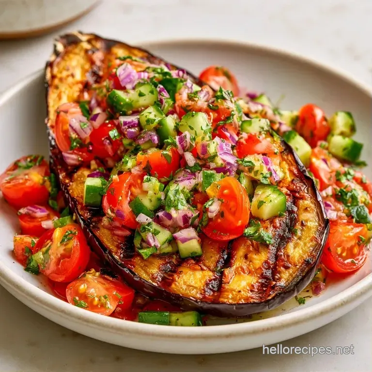 Vibrant charred eggplant pieces artfully plated with crumbled white cheese, fresh mint, and bright red pomegranate.