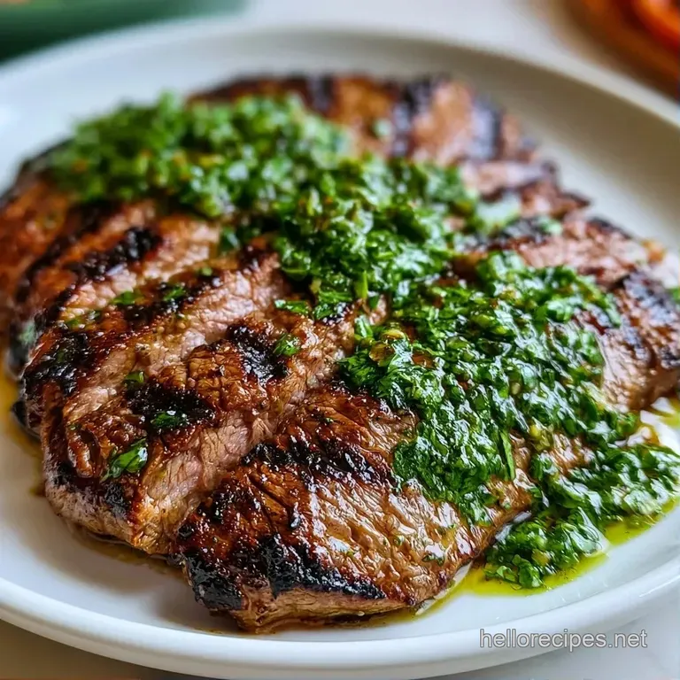 Thinly sliced seared beef topped with a bright, zesty green sauce, arranged neatly on a white porcelain plate.