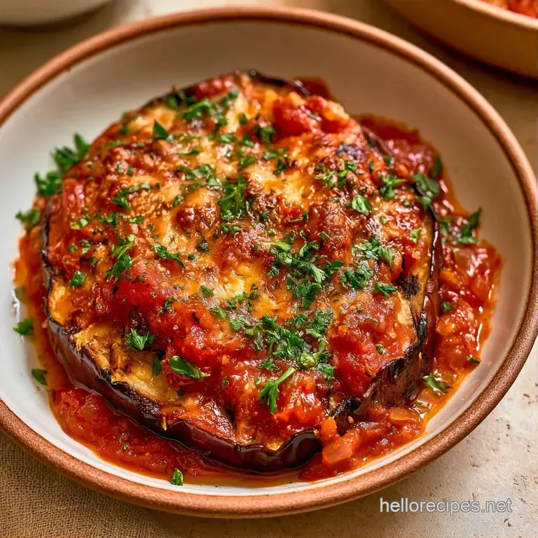 Charred eggplant rounds topped with bubbly golden cheese, arranged on a platter with a sprig of fresh green parsley.