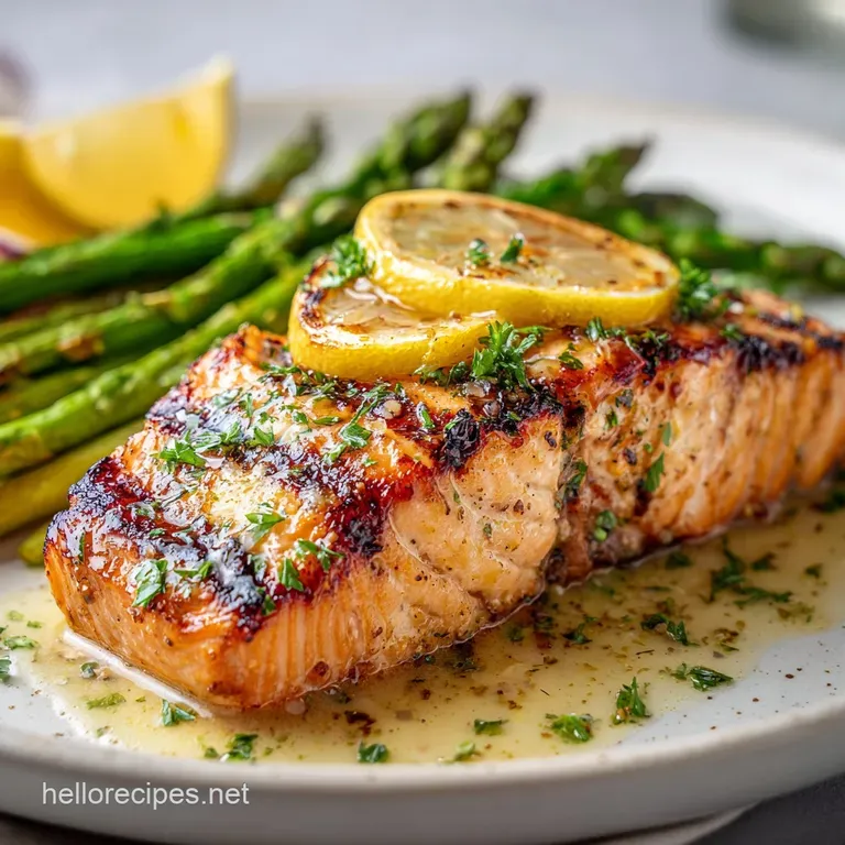 Elegant plate featuring a perfectly grilled salmon fillet glistening with lemon butter sauce, alongside vibrant green aspa...