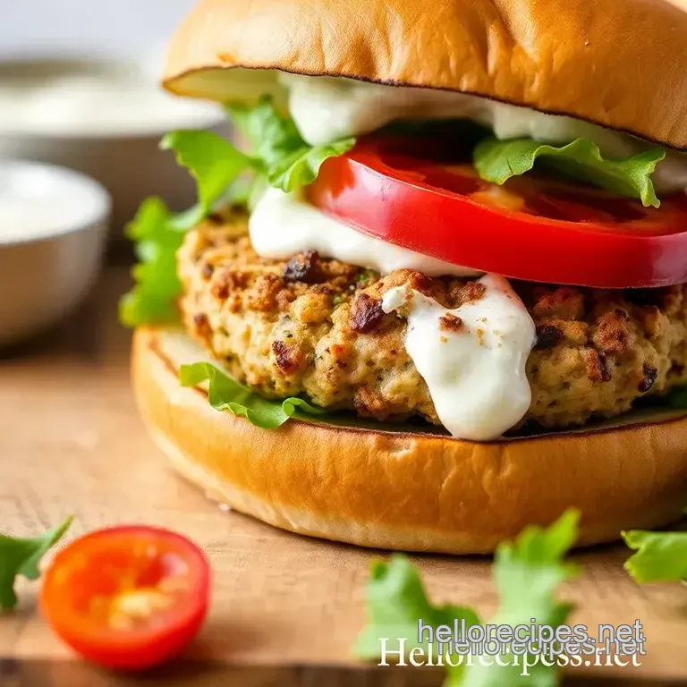 Grilled Turkey Burger with Creamy Yogurt Sauce presentation