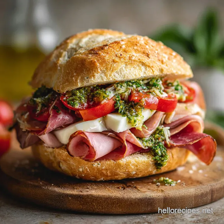 Stacked grinder sandwich halves reveal layers of salami, provolone, and shredded lettuce with drizzles of a creamy, tangy ...