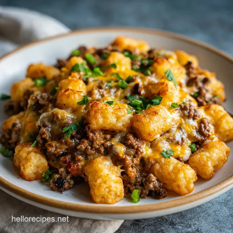 A single serving of tater tot casserole, layered to showcase beef, sauce, and crispy tots. Garnished with fresh parsley, s...