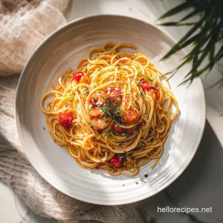 Plated Haitian spaghetti: a mound of saucy noodles topped with vibrant peppers and herbs, hinting at a flavorful, savory d...