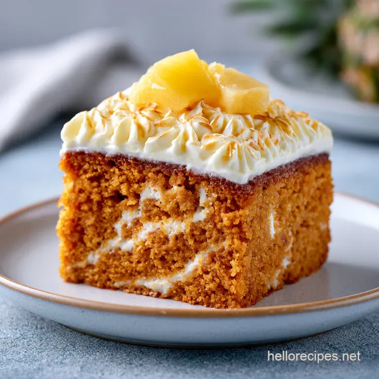Golden cake slice on a white plate, topped with swirls of cream frosting and a fresh, juicy pineapple wedge.