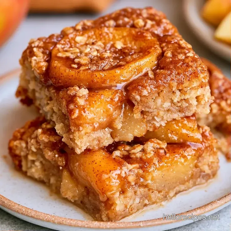Stacked oat bars topped with a honey drizzle and fresh apple slices on a white ceramic plate with a linen napkin.