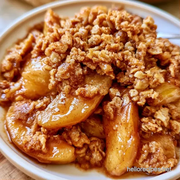 A scoop of melting vanilla ice cream atop a warm apple crumble on a white ceramic plate with a cinnamon dusting.
